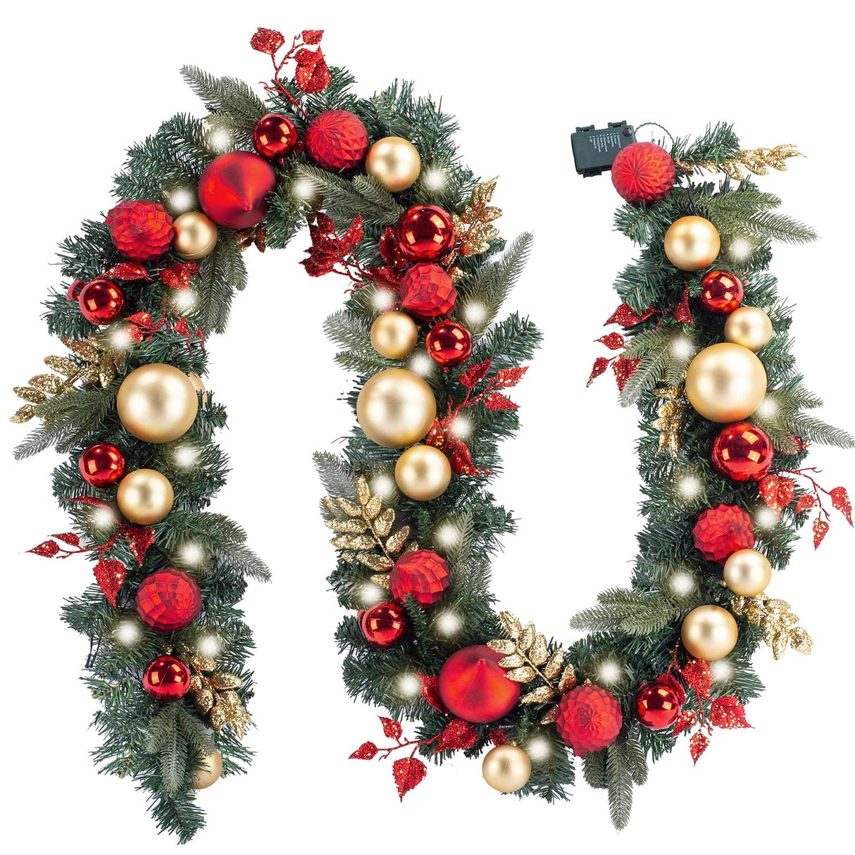 WANNA-CUL Pre-lit 9Feet /108 Inch Christmas Garland with Lights for Front Door, Red Gold Ligthed Christmas Mantel Garland Decoration with Ball Ornaments, Battery Operated 50 LED WANNA-CUL