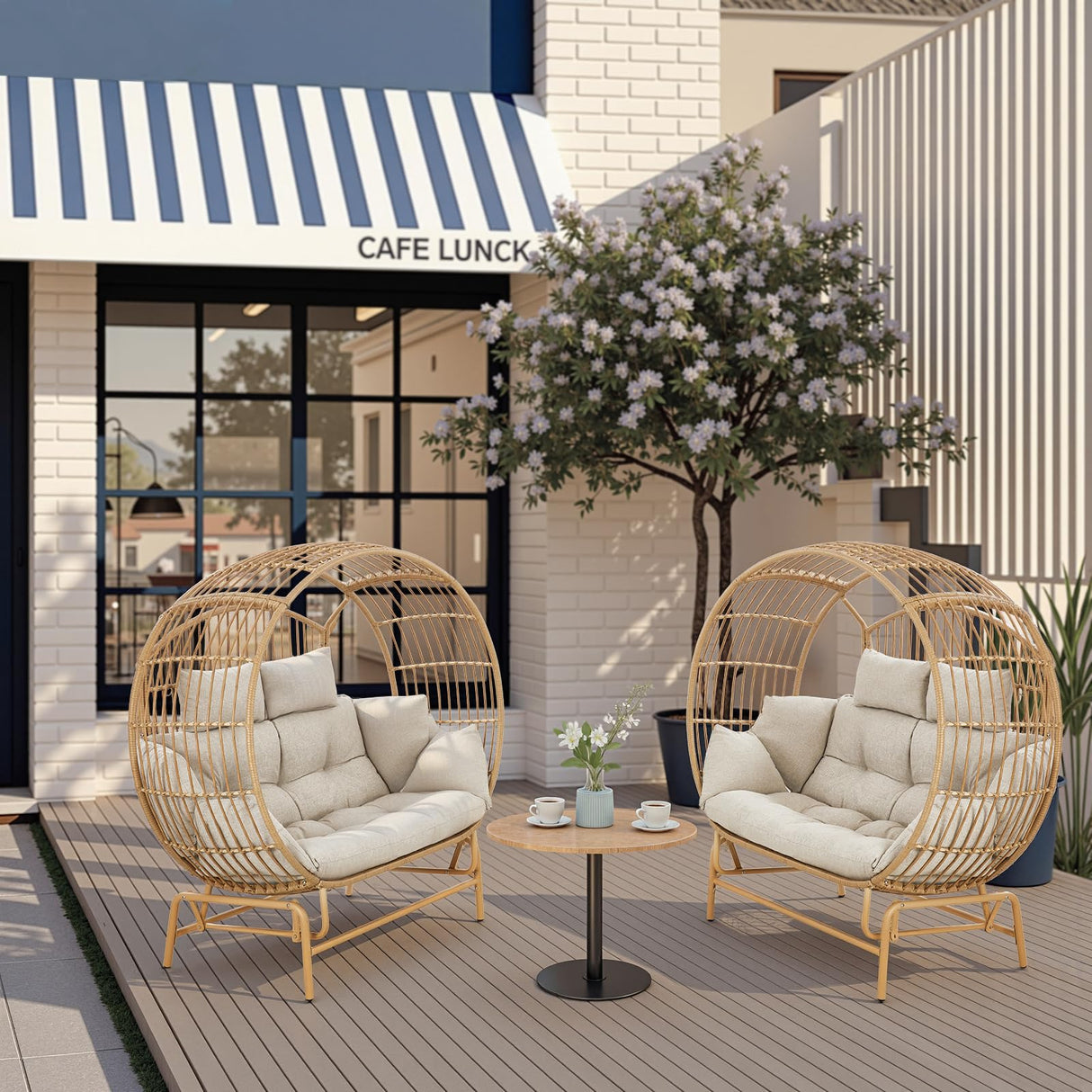 Buenhomino Oversized 2-Person Egg Chair Glider Rocking Chair, Heavy-Duty Wicker Rattan Outdoor Loveseat w/Thicken Padded Cushions, Extra Large Lounge Chair for Porch Backyard Patio Garden Yellow Buenhomino