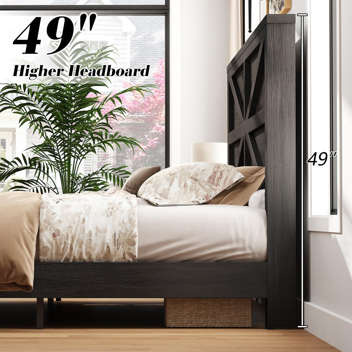 LUXOAK Farmhouse Full Size Bed Frame with Sliding Barn Door Storage, 49" Tall Headboard Wood Bed Frame, Rustic Platform Bed Frame Wooden Slats & Metal Support, No Box Spring Needed, Deep Brown LUXOAK