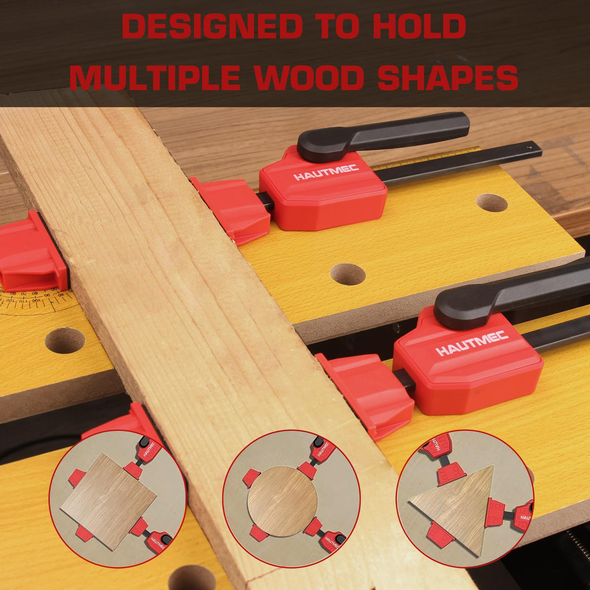 HAUTMEC Bench Dog Clamp, 3/4" Dog Hole Clamp, Up to 170 Lbs Clamping Force, Adjustable Bench Clamp with Protective Pads for Woodworking, Quick Clamps for 19mm Bench Dogs Holes(2 Pack), HT0276-CL HAUTMEC