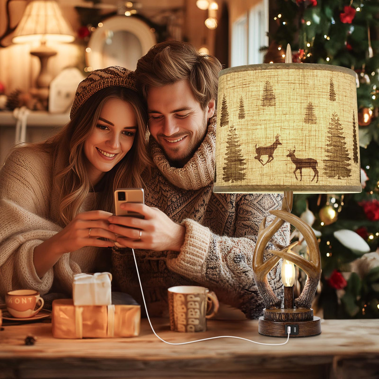 Scenekoy Rustic Farmhouse Antlers Table Lamp Set of 2 with Nightlight Dual USB Ports Linen Fabric Round Shade Bedside Lamp Decor for Living Room Bedroom Office House Scenekoy
