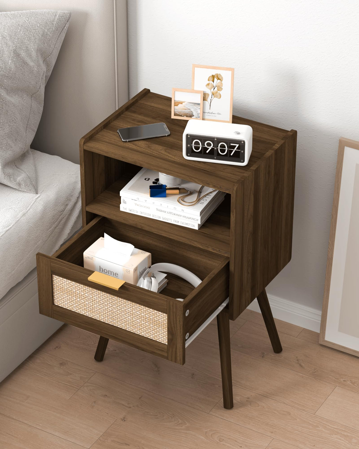 Veegle Rattan Nightstand,Modern Bedside Table with Storage Drawer and Open Wood Shelf, for Living Room, Bedroom and Small Spaces, Accent Night Stand with Solid Wood Legs, Easy Assembly,Walnut Brown Veegle