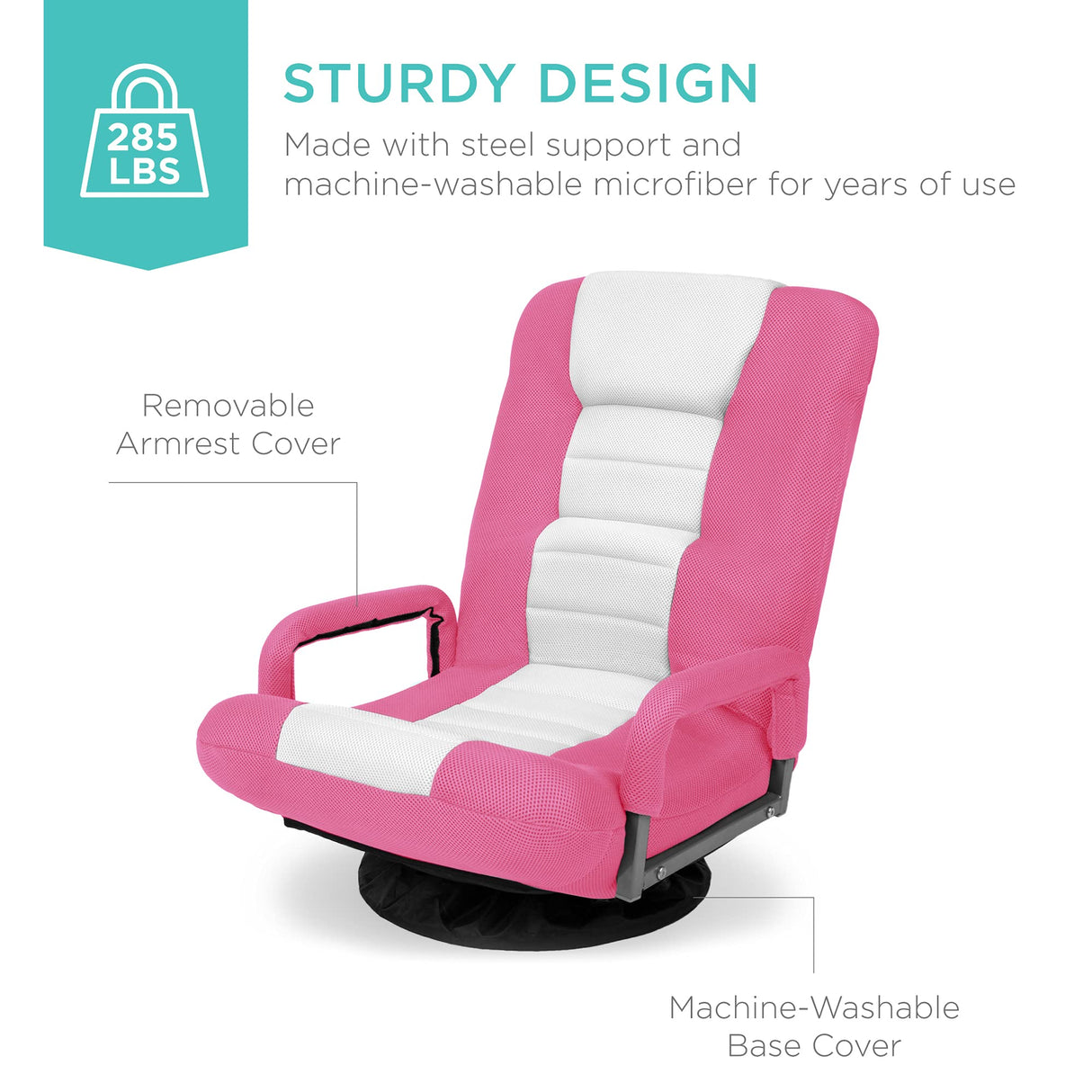 Best Choice Products Swivel Gaming Chair 360 Degree Multipurpose Floor Chair Rocker for TV, Reading, Playing Video Games w/Lumbar Support, Armrest Handles, Adjustable Foldable Backrest - Pink/White Best Choice Products