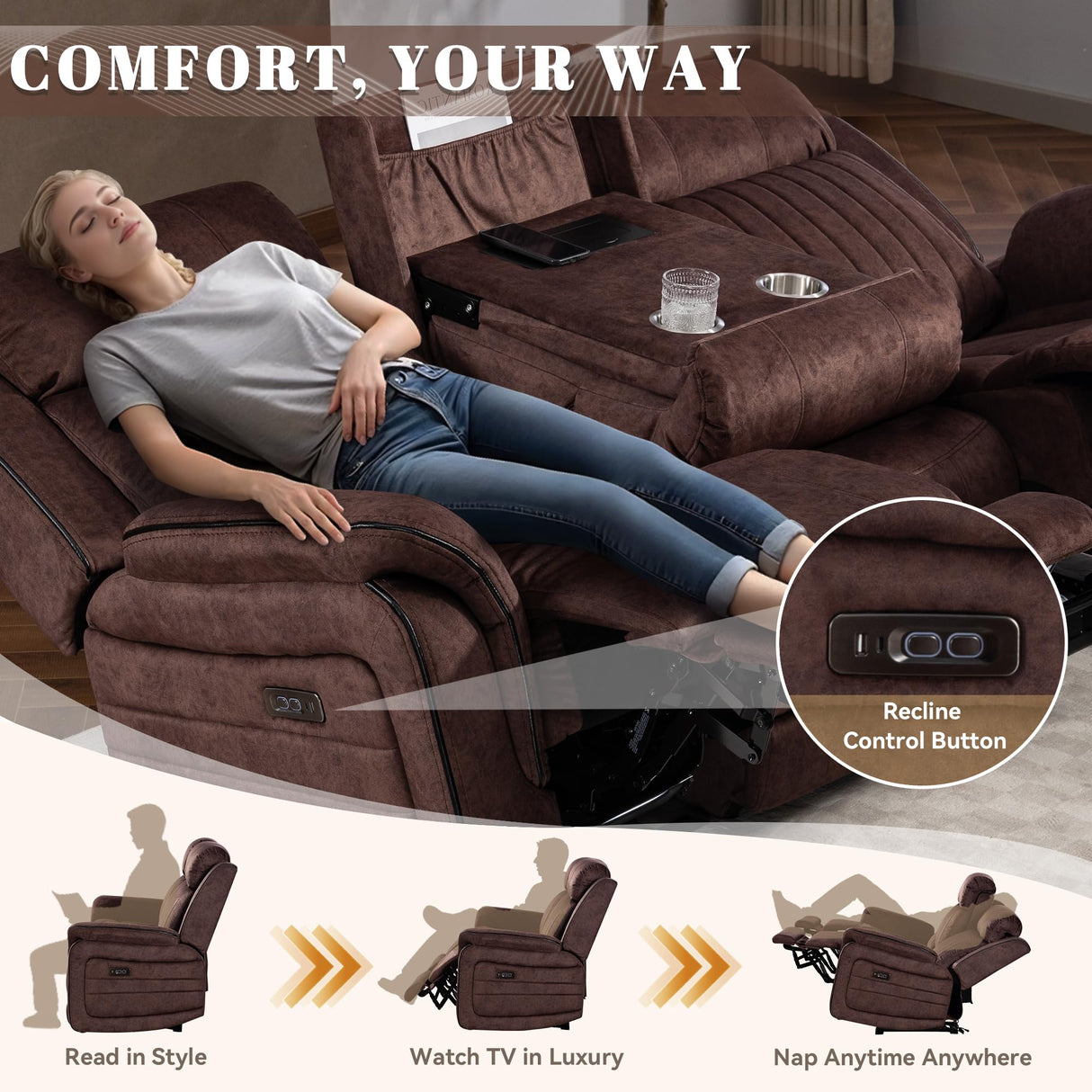 Zero Gravity Power Recliner Sofa Couch – Electric Reclining Sofa with Drop Down Table & Wireless Charging, 3 Seater Dual Reclining Couch with Adjustable Headrests for Living Room (Velvet, Brown) CALIVIA