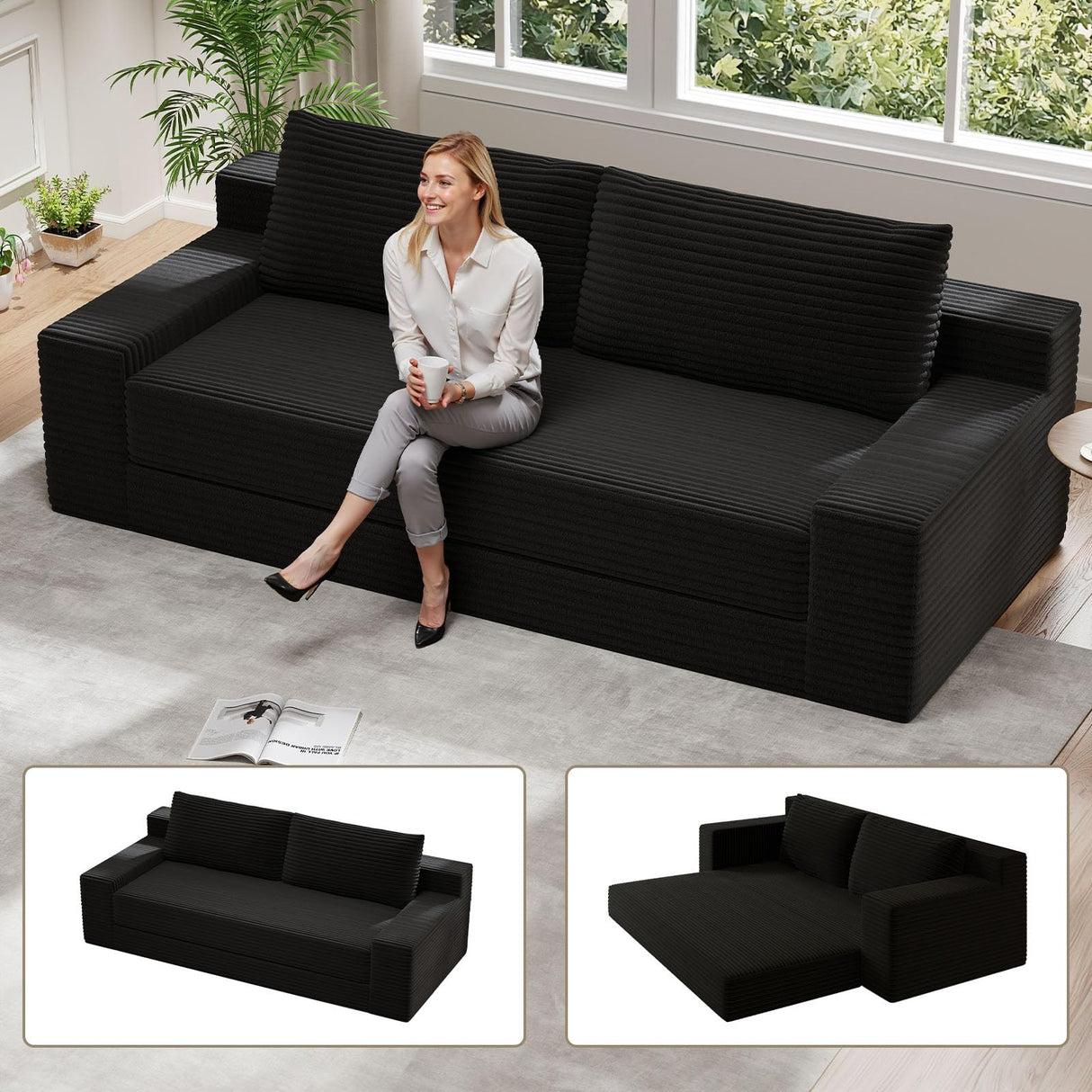 HZANHY 71" Loveseat Sofa, Corduroy Loveseats for Small Spaces, No Assembly Required Love Seat Couch for Living Room, Bedroom, Apartment, Black HZANHY