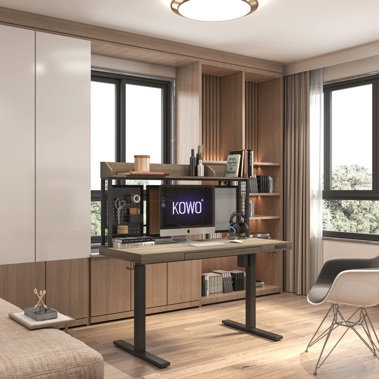 kowo Electric Height Adjustable Standing Desk with Drawer, 55" Home Office Wooden Computer Desk Ergonomic Memory Control Workstation Sit Stand Desk, Grey Oak/Black kowo