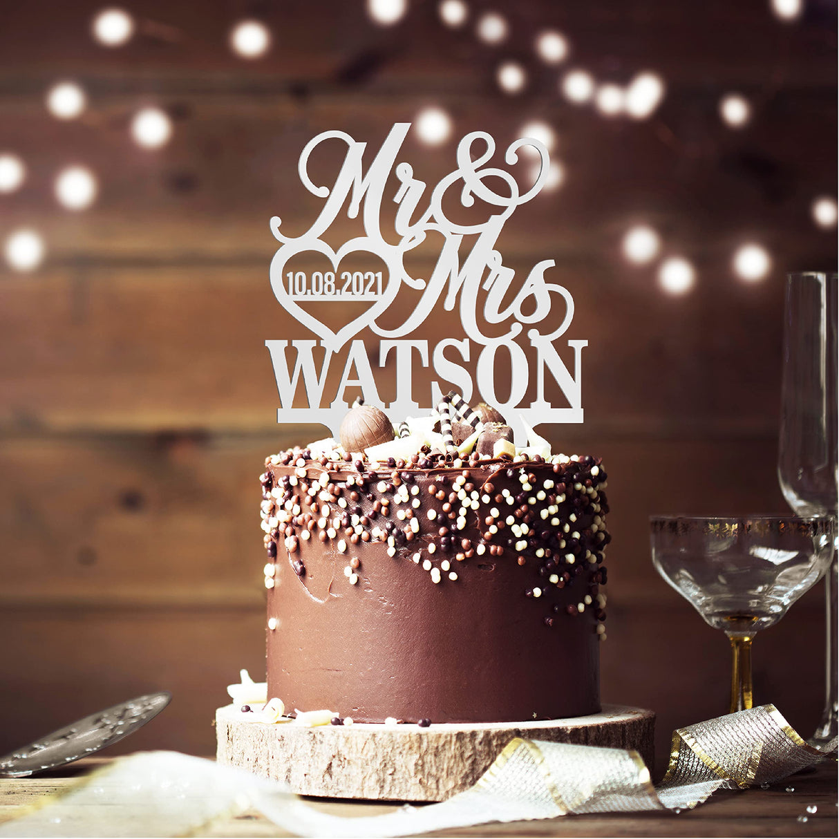 Personalized Wedding Cake Topper - Wedding Cake Decoration, Elegant Customized Mr Mrs Wedding Cake Topper, Last Name & Date w/Heart - Wood Colors PersonalizedGiftLand