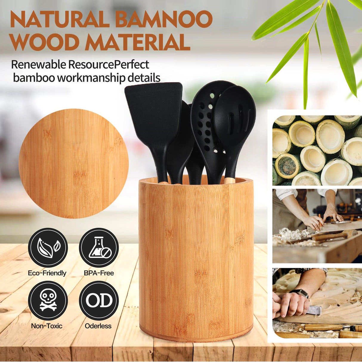 Bamboo Utensil Holder, Large Utensil Holders for Kitchen Counter, Bamboo Spoon and Chopstick Holder for Kitchen Decor, Flatware and Spatula Storage Organizer, for Countertop, Pantry and Bathroom SLNIHAMS