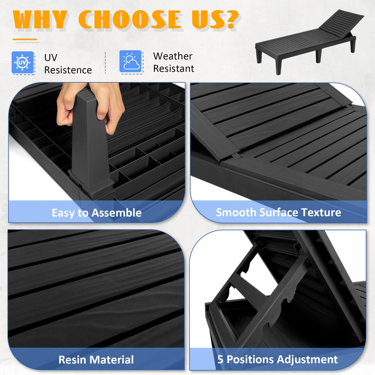 Outdoor Chaise Lounge Chair Set of 2,Waterproof & Lightweight Lounge Chair Outdoor with 5-Position Adjustable Back, Patio Lounge Chair for Garden, Pool Lounge Chairs for Poolside or Beach Use NUNU LAB