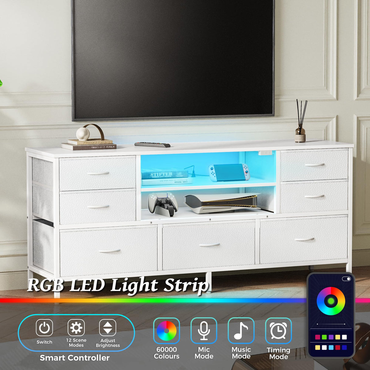 Huuger Dresser for Bedroom with Power Outlets and LED Lights, 7 Drawers TV Stand Dresser for 55 Inch TV, 47 Inches TV Console with Open Shelf, Wide White Dresser, PU Leather, for Bedroom Huuger