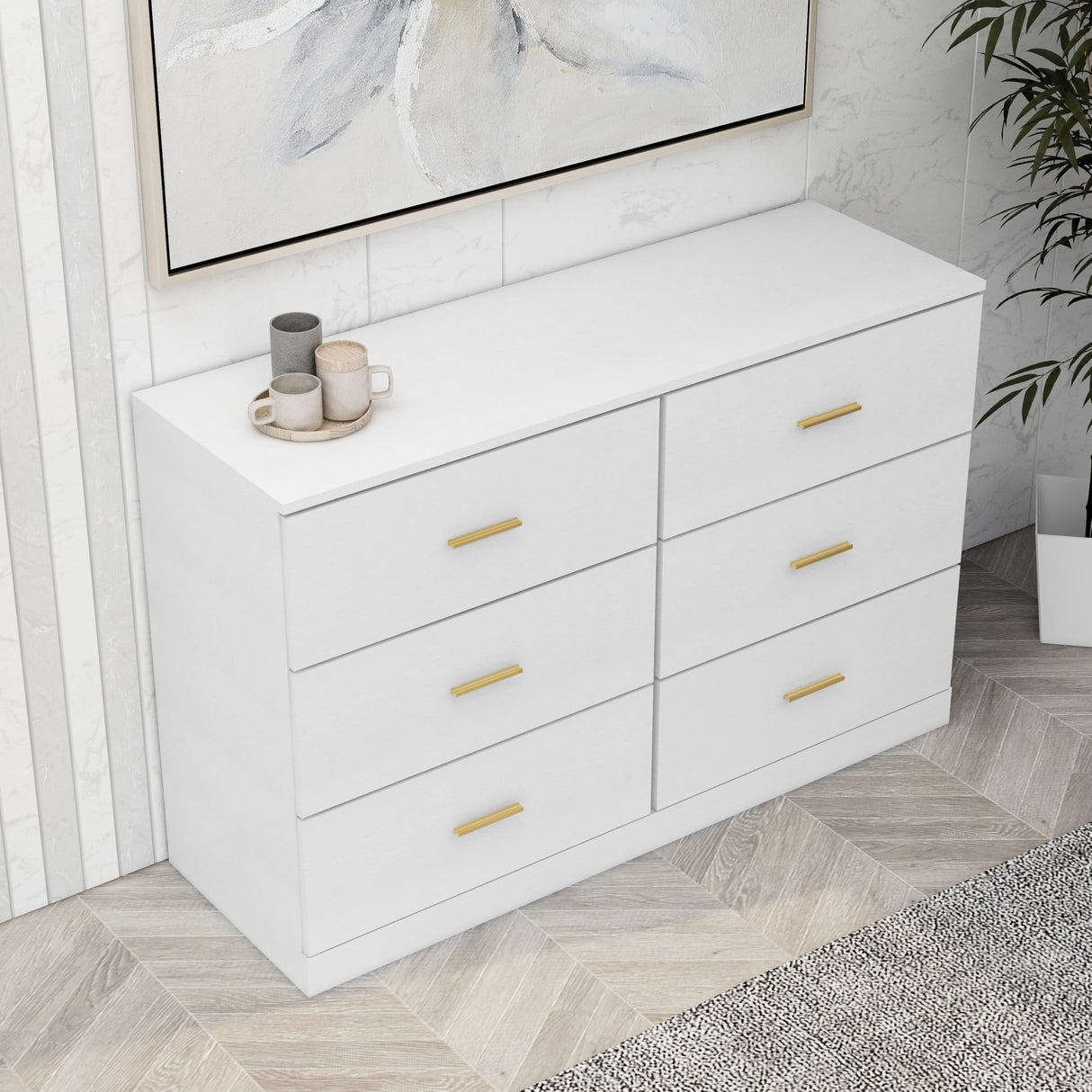 NoeBanJe 47" inch Dresser Sturdy Frame Modern Bedroom Furniture with 6 Drawers Large Capacity Storage Cabinet, Wooden Chest of Drawers for Bedroom, Hallway, Living Room, Entryway (White Gold Handle) NoeBanJe