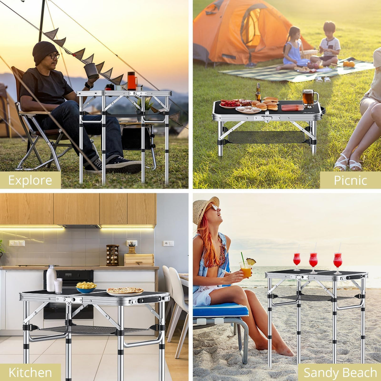 Anbte Folding Camping Table, Aluminum 24" x 16" Adjustable Height Small Folding Table with Carrying Handle, Lightweight, Portable Camping Table Waterproof for Outdoor Indoor Picnic Beach BBQ (Black) Anbte