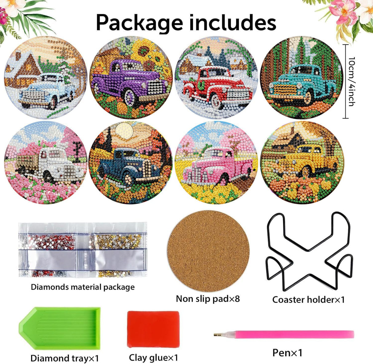 8 Pcs Diamond Art Coasters Kits - All Season Diamond Painting Coasters with Holder Cork Pads DIY Truck Art Dots Painting Set for Adults Beginners Crafts Meothan