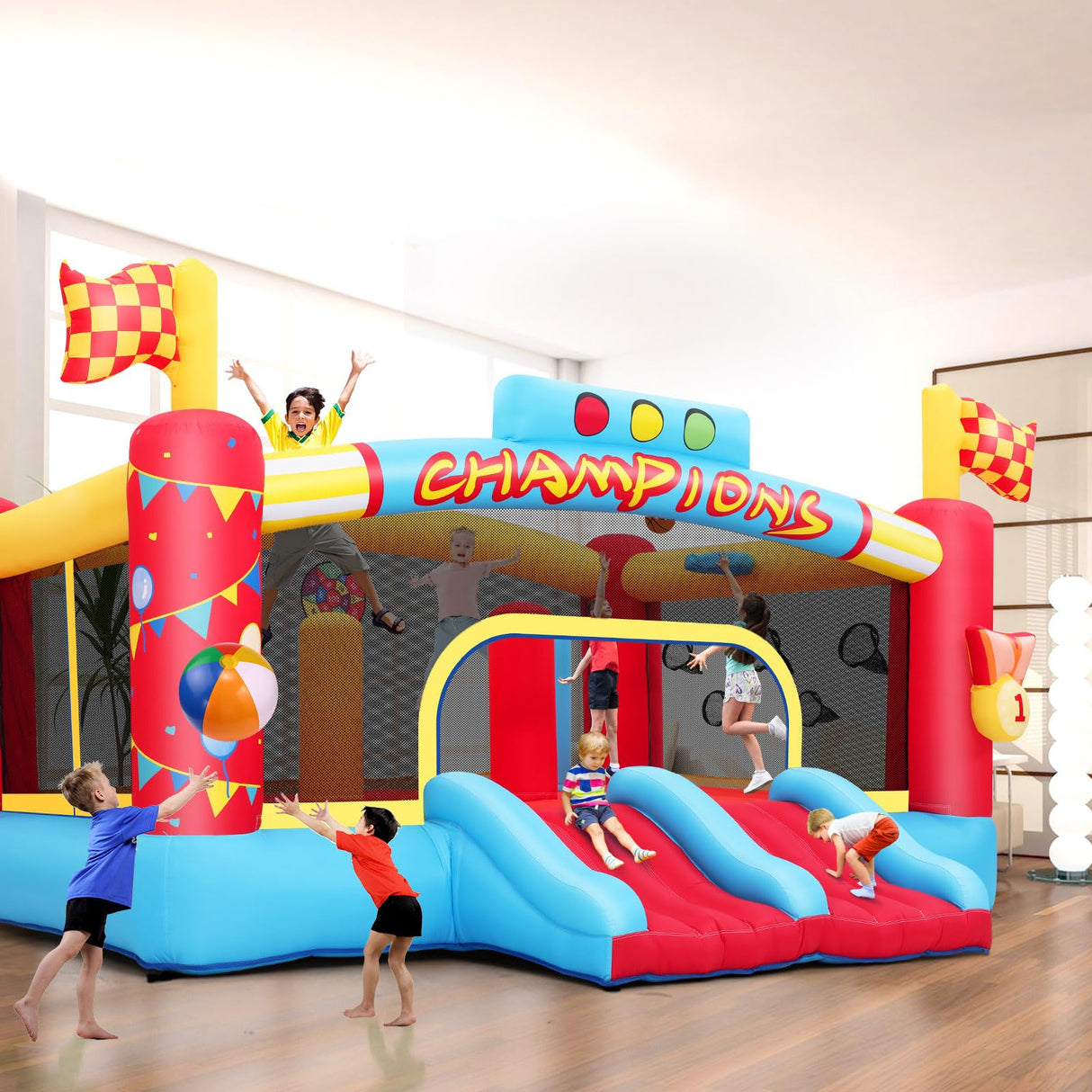 Bounce House for Kids, 13FT Large Inflatable Bounce Castle with Blower Blow Up Jumping Bouncer with Double Slide, Obstacle Poles & Target Toss Game, Champion Race Car Theme AKEYDIY