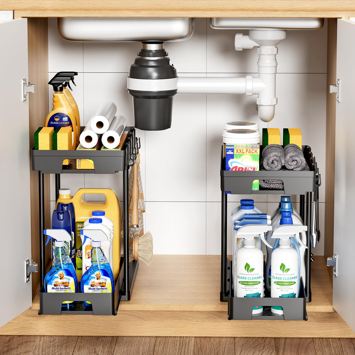 Delamu Under Sink Organizers and Storage, 2 Pack Pull Out Kitchen Bathroom Cabinet Organizer, 2 Tier Black Under Sink Storage for Bathroom Kitchen, Under Counter Storage Organizer with 8 Hooks Delamu