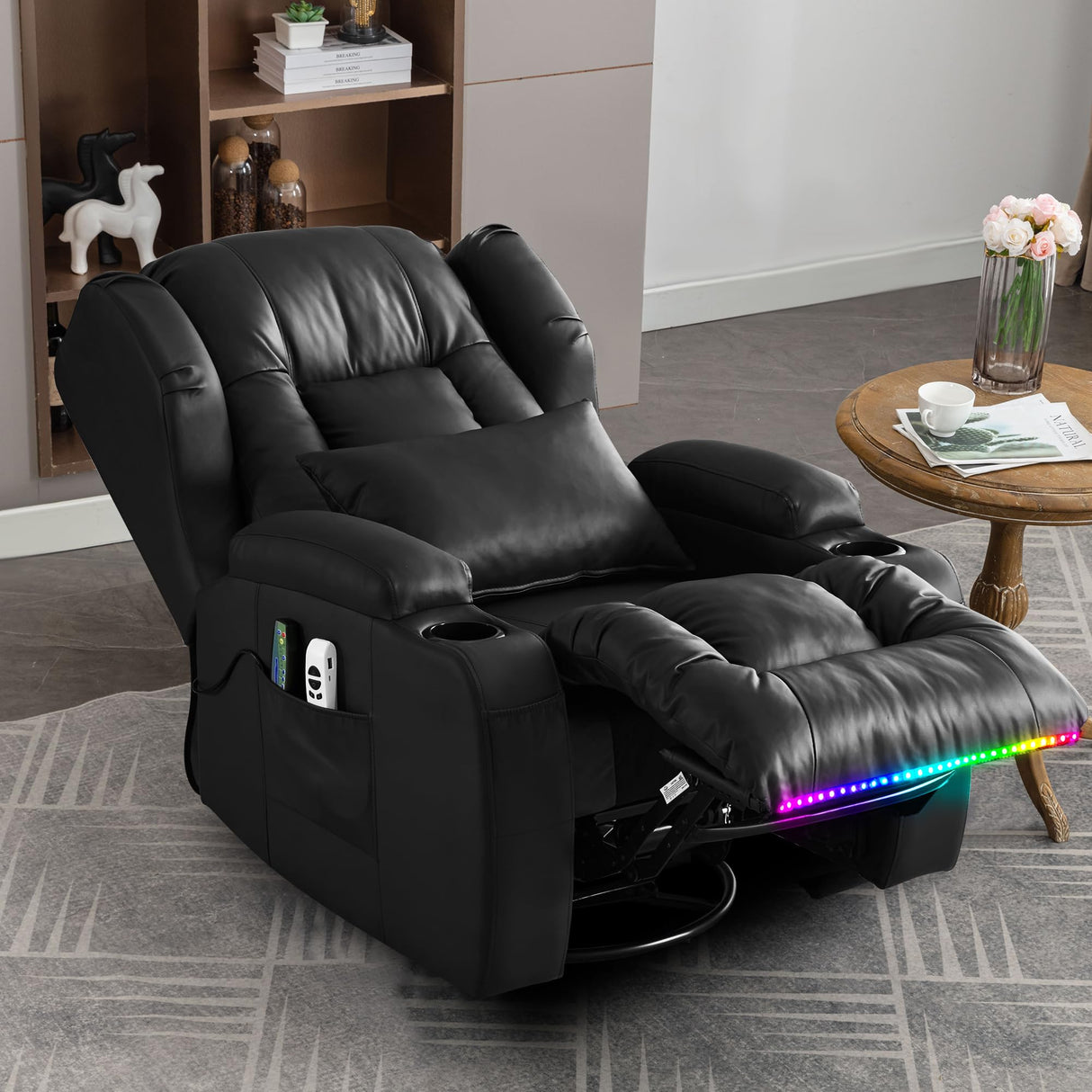 TUNYI Power Recliner Chair - Faux Leather Home Theater Seating Glider Reclining Sofa with Massage & Heat Swivel Rocker Recliner Chair for Living Room with LED Light/USB Port/Lumbar Pillow (Black) TUNYI