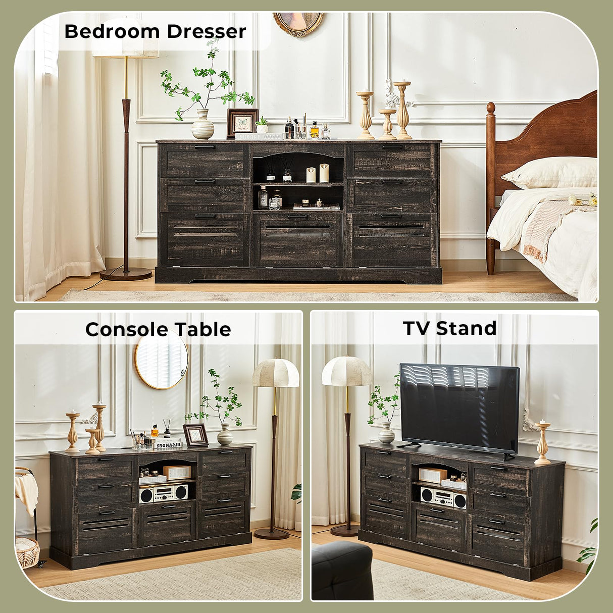 JanflyHome Wood Rustic Chest of Drawers, 63" Wide Vintage 7 Dresser with Outlet and Lights, Farmhouse Drawers Dresser with 4 Drawers & 3 Cabinets for Living Room, Dark Rustic Oak JanflyHome