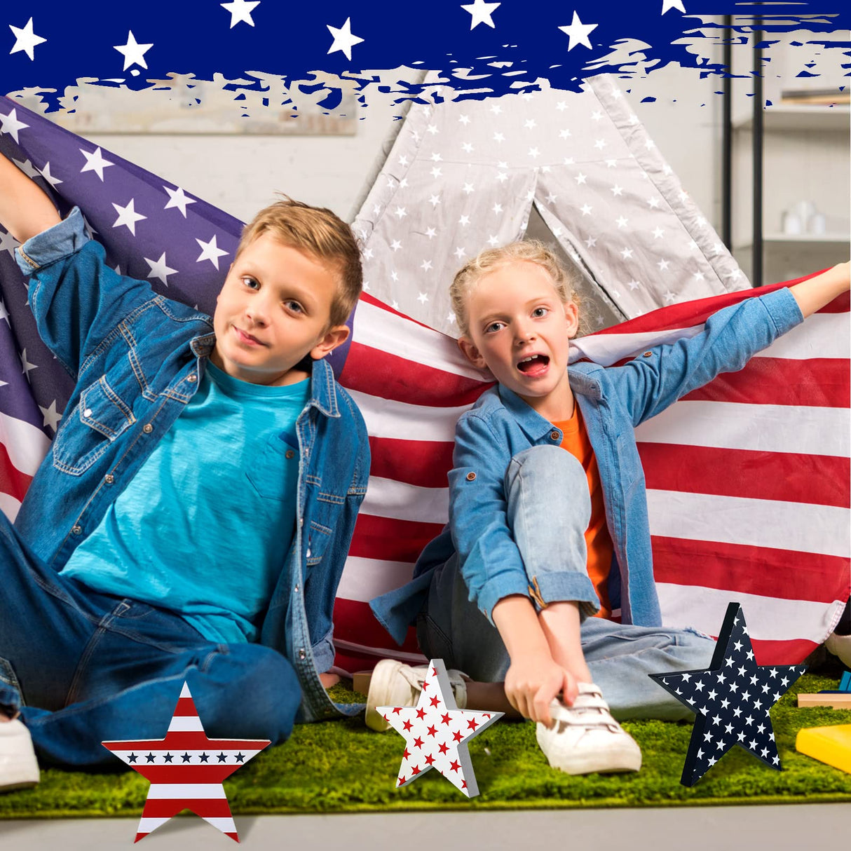 Chunful 3 Pcs Memorial Day Wooden Table Signs Independence Day Table Decor Patriotic Freestanding Double Side Sign Farmhouse Wood Block for 4th of July Home Party Supplies Chunful