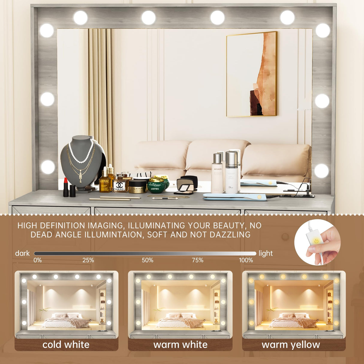INTERGREAT 57" Makeup Vanity Desk with Large Mirror and 10 LED Lights,Farmhouse Vanity Table with Power Outlet & 5 Drawers,3 Lighting Color Adjustable,Dressing Table for Bedroom,Dressing Room,Grey INTERGREAT