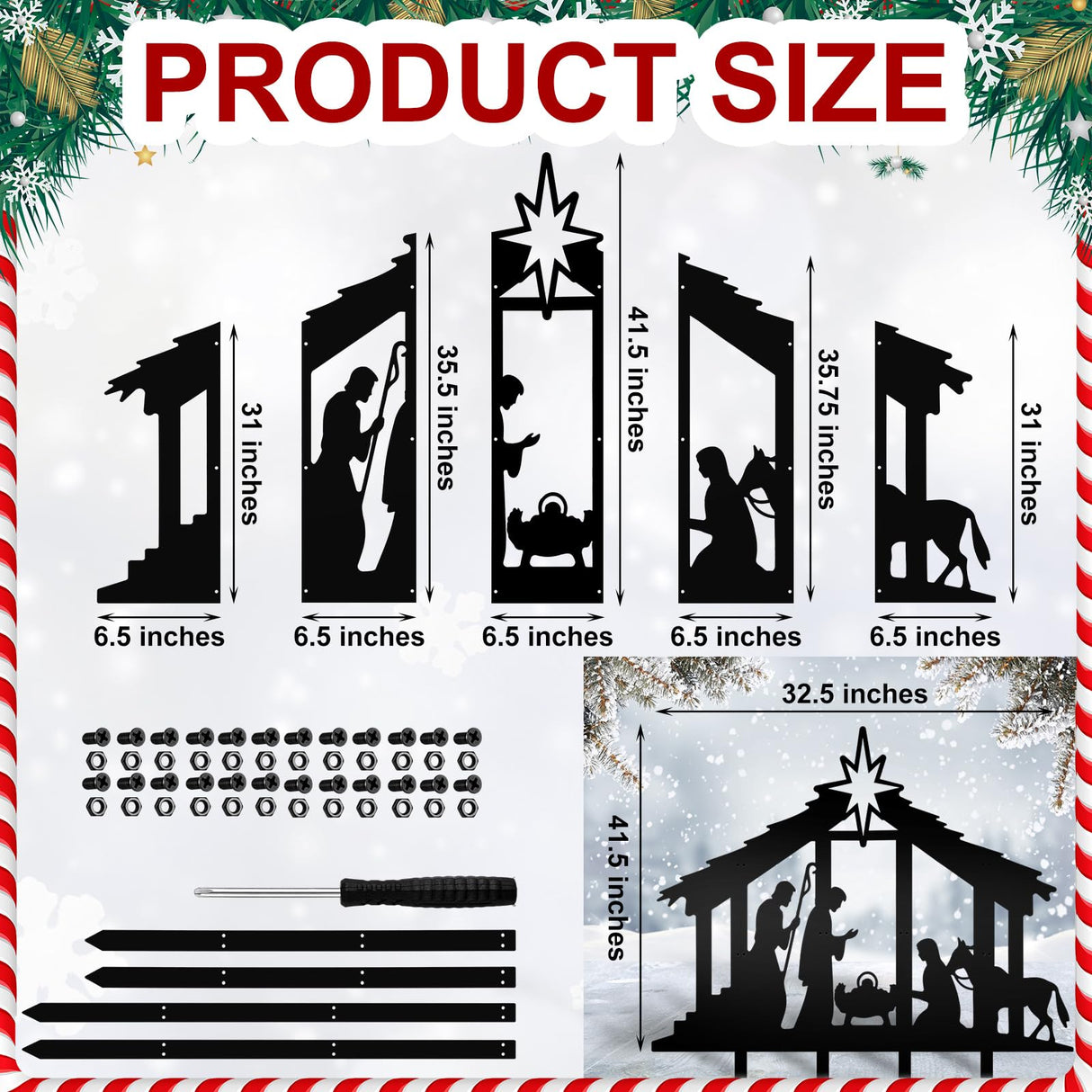 Cinnvoice 40" x 31" Large Metal Nativity Scene Yard Stake Christmas Religious Faith Garden Stakes Waterproof Xmas Outdoor Nativity Yard Decor with Stake for Xmas Holiday Lawns Outdoor Decor(Black) Cinnvoice