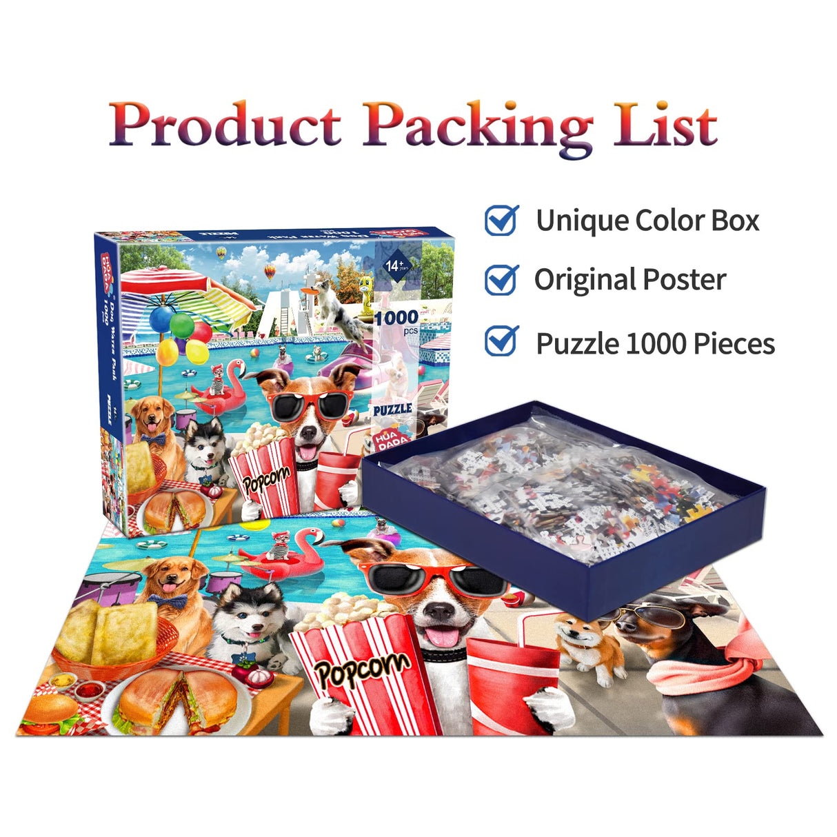 HUADADA Jigsaw Puzzles for Adults 1000 Pieces, Dogs Pool Party Interlock Perfectly No Dust, Home Decors Family Challenge Toys for Men Women Elders Seniors (27.5"x19.6"), 1:1 Poster HUADADA
