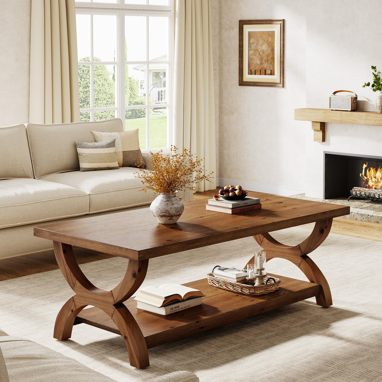 TRIBEWOOD Solid Wood Coffee Tables for Living Room, 47.2-Inch Farmhouse Rectangle Center Tea Table with Storage Shelf TRIBEWOOD