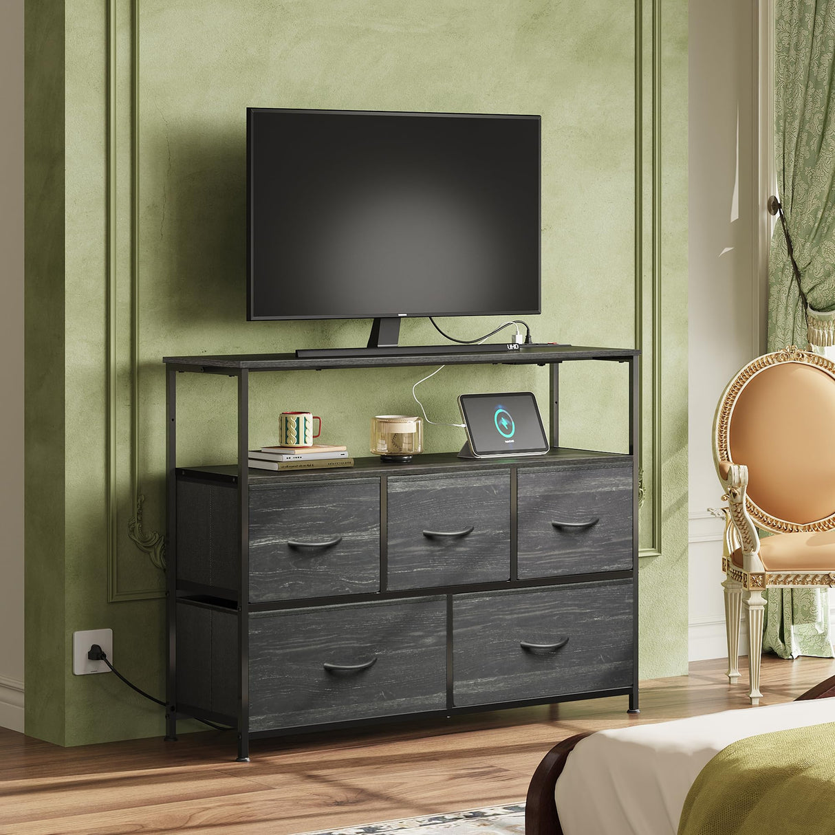 WLIVE Dresser for Bedroom, 5 Drawer Dressers with Charging Station, Fabric Chest of Drawers with Open Shelves, Storage Dresser for Living Room, Closet, Entryway, Charcoal Black Wood Grain Printt WLIVE