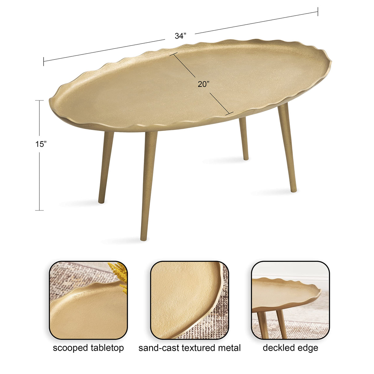 Kate and Laurel Alessia Modern Glam Oval Coffee Table, 34 x 20 x 15, Gold, Metal Living Room Table for Storage and Display with Antique Deckled Edge Detailing Kate and Laurel