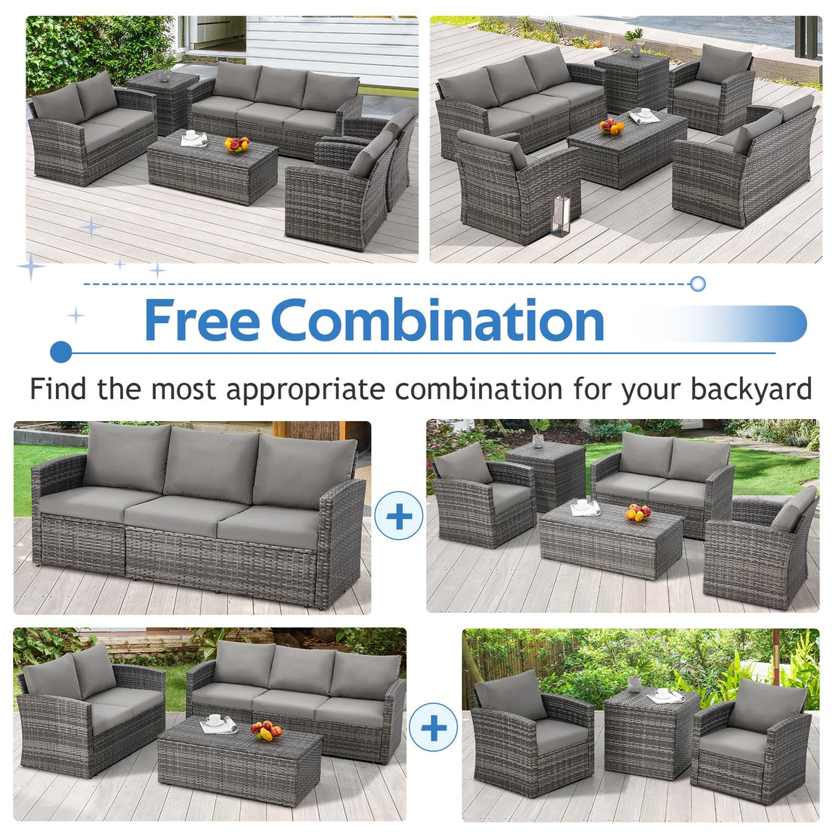 U-MAX 7 Pieces Outdoor Patio Furniture Sets w/Two Storage Boxes, Outdoor Conversation Set All-Weather PE Wicker Sectional Sofa Patio Sofa for Garden, Backyard, Deck, Grey Rattan& Grey Cushions U-MAX
