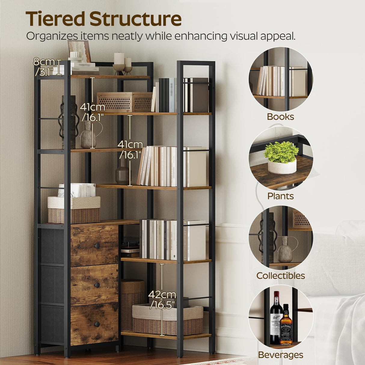 YATINEY Corner Bookshelf, 7 Tier L-Shaped Bookcase with 3 Drawers, Storage Corner Shelf, Freestanding Tall Display Shelf, Industrial Style, for Living Room, Home Office, Rustic Brown and Black SJ10BR YATINEY