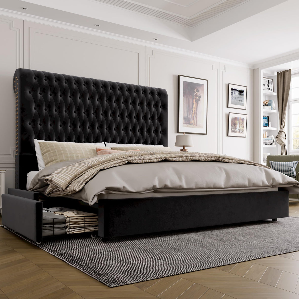 King Size Bed Frame 55" Tall Headboard with Gorgeous Button Tufted and Nail, Velvet Fabric Upholstered Bed Frame includes 4 Under-bed Storage Drawers, Wooden Slats, Noise-Free, Easy Assembly, Black Keyluv