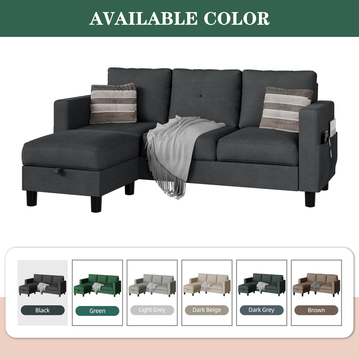 JAMFLY Sectional Sofas Couches for Living Room, L Shaped Couch with Storage Sofa Set, Small Couches for Small Spaces with Movable Ottoman, Black JAMFLY
