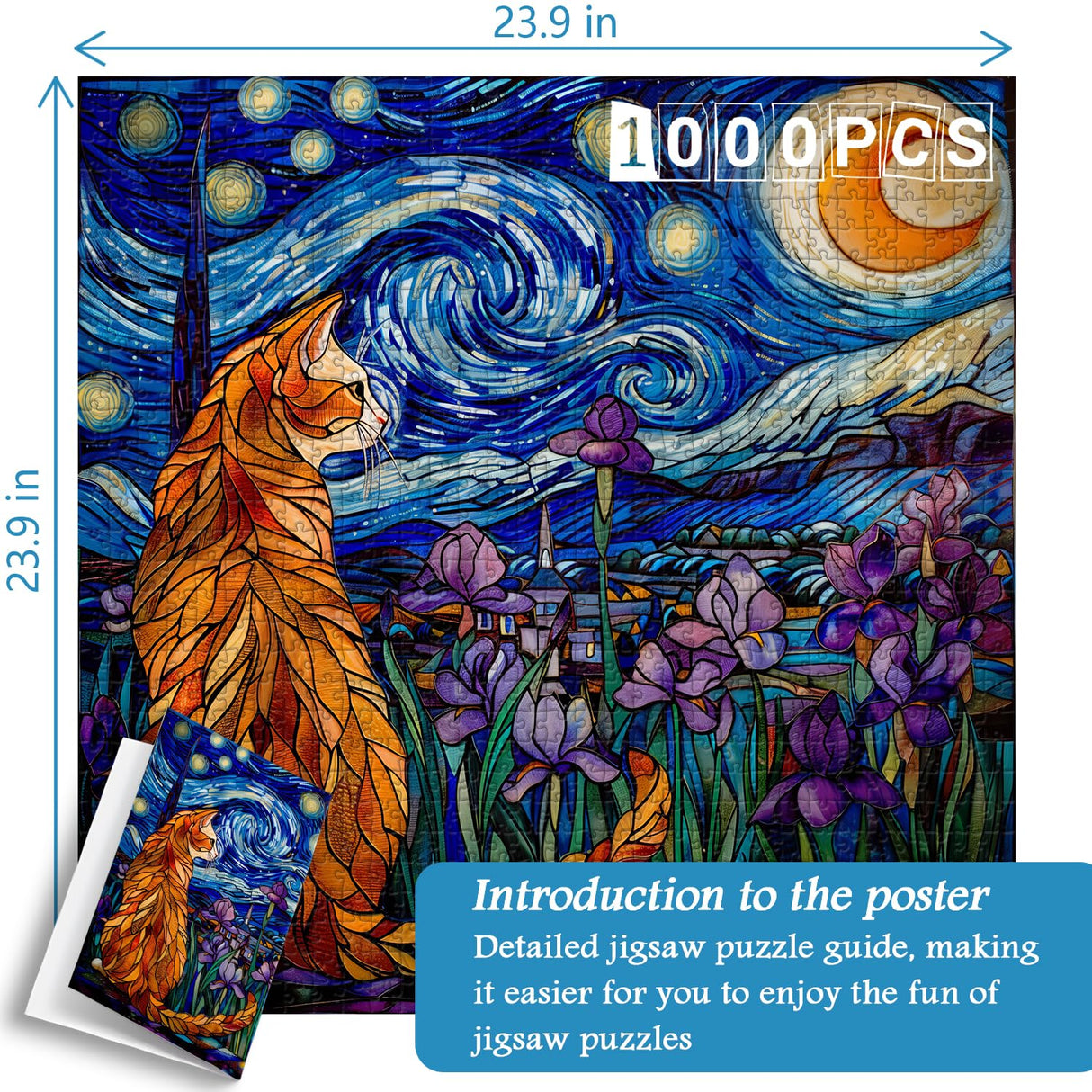 Cat Puzzles for Adults 1000 Pieces, PICKFORU Stained Glass Puzzles Feature Purple Iris Flowers, Starry Night, Moonlit Cat Flower Jigsaw Puzzle for Cat Lovers PICKFORU