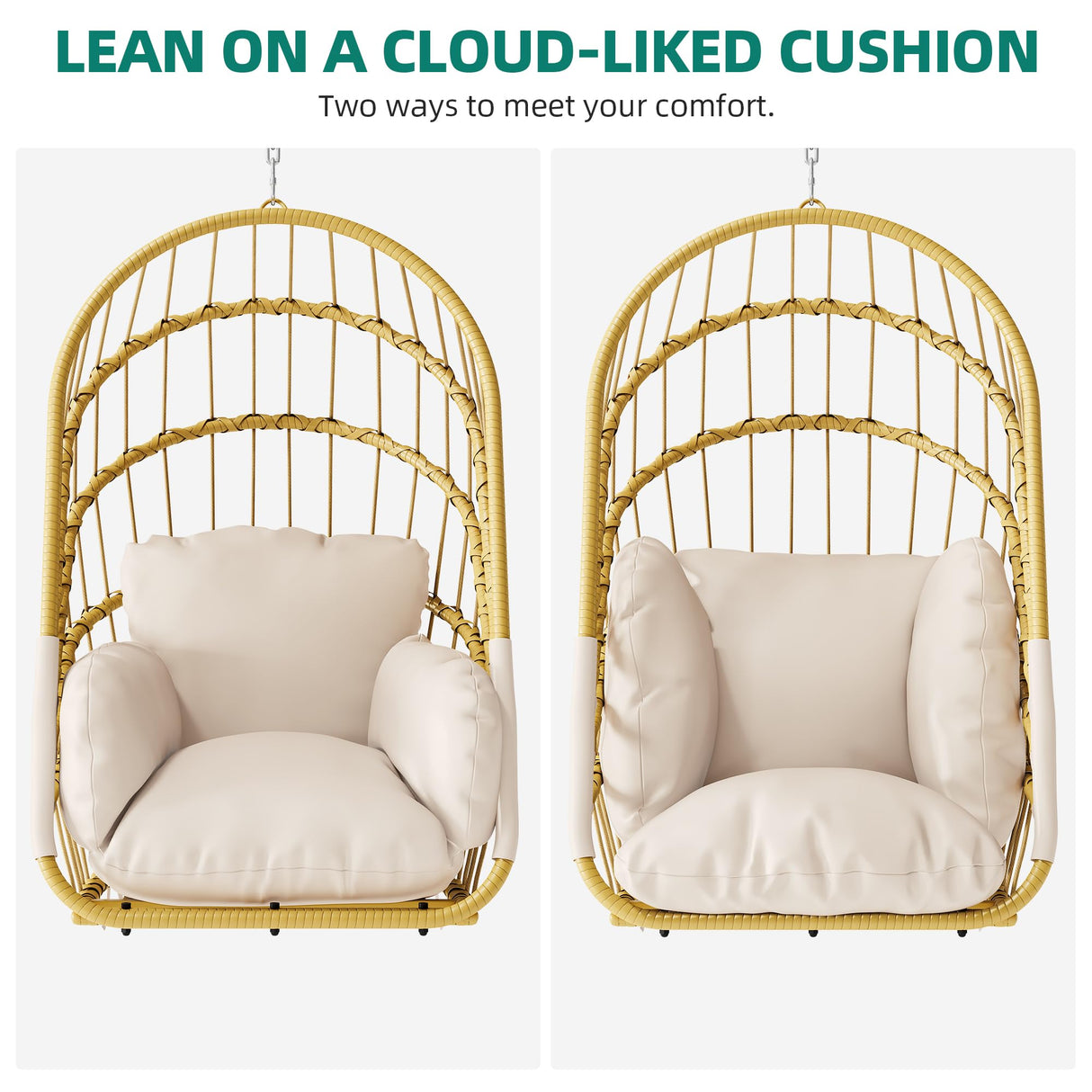 YITAHOME Hanging Egg Chair Without Stand, Rattan Wicker Swing Egg Chair with Resistant Cushion, 300lbs Capacity, Foldable Hanging Basket Chair for Porch, Garden, Bedroom, Balcony - Beige YITAHOME