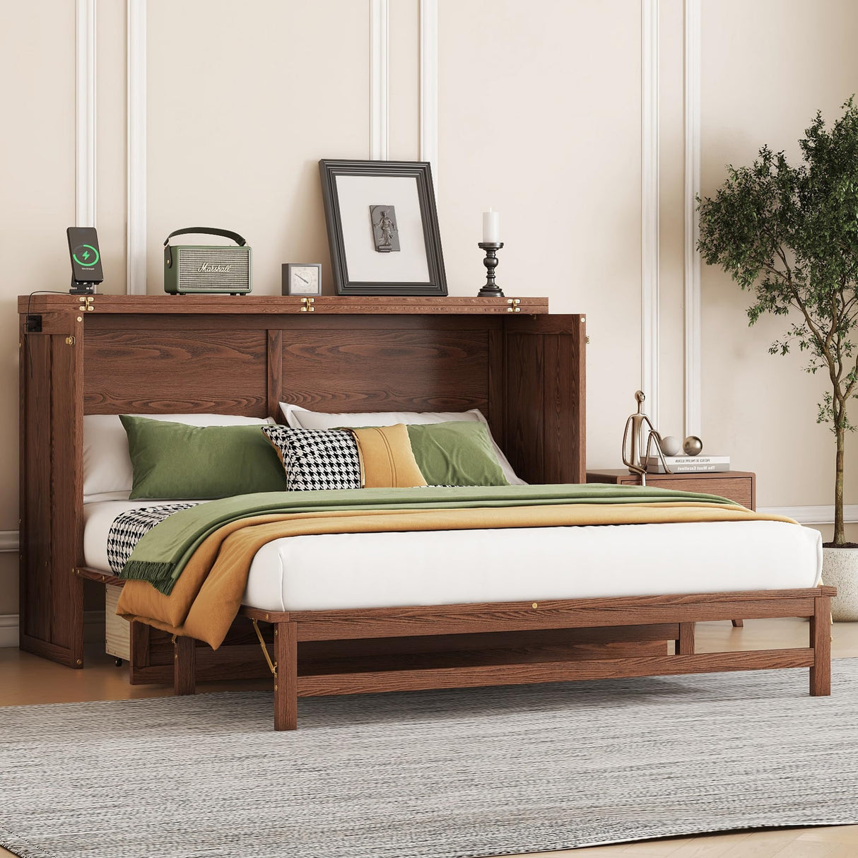 KEIKI Queen Murphy Bed Cabinet with Storage Drawer and Charging Station, USB Port, Solid Pine Murphy Bedframe for Home Office, Studio or Guest Room,Walnut KEIKI