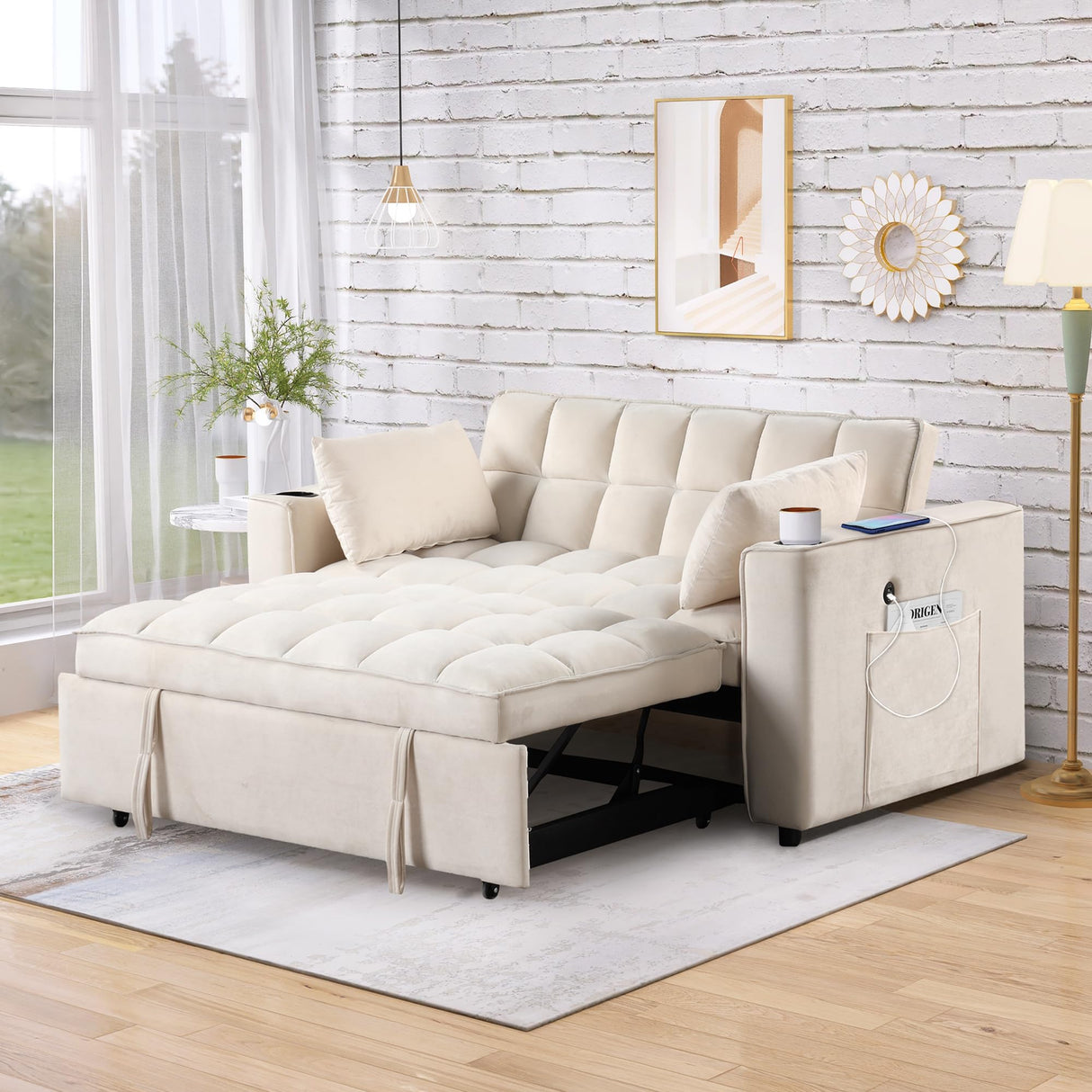 Merax 55.3" Loveseat with Pull Out Bed, Convertible Velvet Sleeper Sofa Bed with Cup Holder & USB Port, 2 Pillows, and Adjustable Backrest for Living Room or Apartments, Cream White Merax