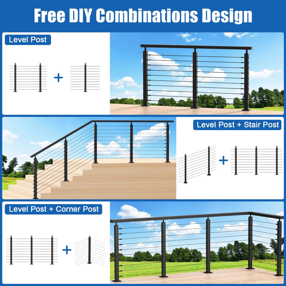 CKE 10-15ft Complete Set 36" Cable Railing Post Kit, 3Pack Adjustable Top Level Drilled Line Posts(35"x2"x2"), 220ft 1/8" Wire Rope, Black Swageless Invisible Cable Railing Kit (No Handrail) LPS01 CKE