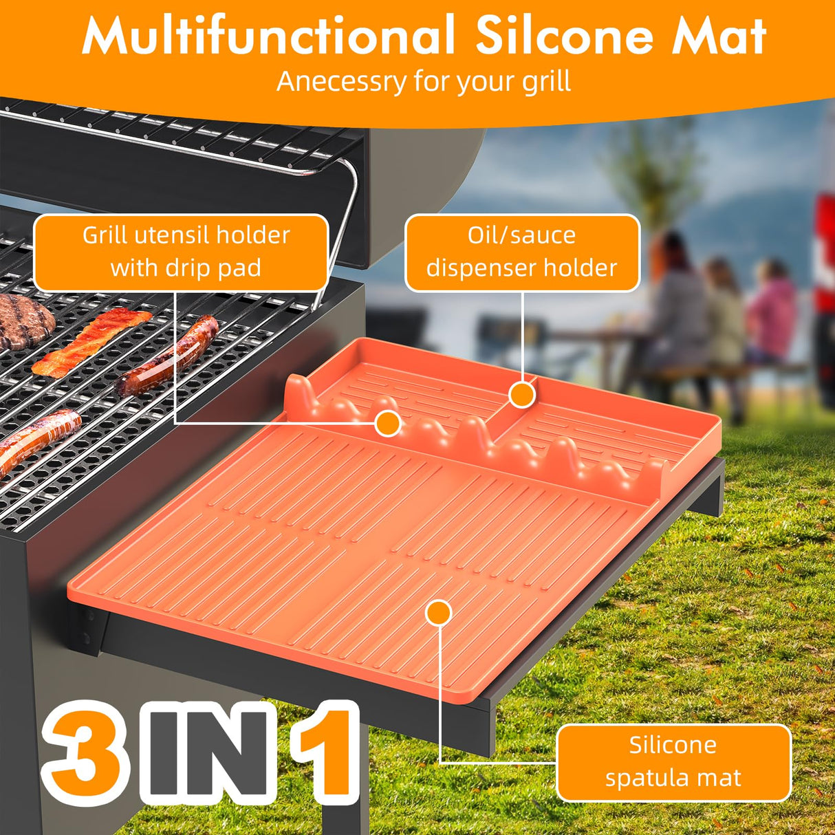 Griddle Mat Compatible with Blackstone, Silicone Grill Tools Mat with Drip Pad, Spatula Mat for Outdoor Grill, Side Shelf Mat Grill Pad (Orange) Bolycen