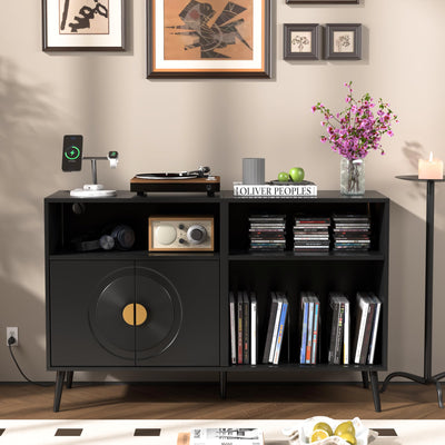 Fiogmub Large Record Player Stand, Mid Century Turntable Stand with Door, Record Player Table Holds Up to 350 Albums,Vinyl Display Shelf for Bedroom Living Room