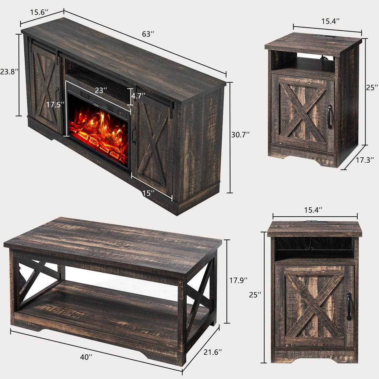 AMERLIFE 5-Piece Farmhouse Table Set Includes Fireplace TV Stand, Coffee Table& Two End Tables with Charging Station and USB Ports, for Living Room, Dark Oak, 63" AMERLIFE