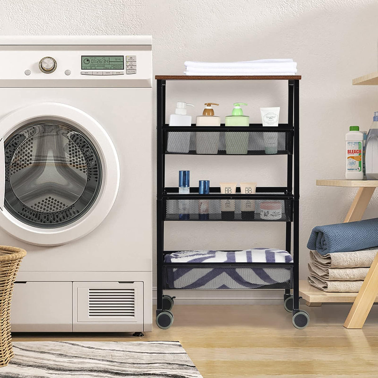 LIANTRAL Rustic Kitchen Storage Cart, 4 Tier Kitchen Cart on Wheels, Metal Mesh Storage Pantry Cart with Lockable Wheels, Wood Look Top and Metal Frame. LIANTRAL