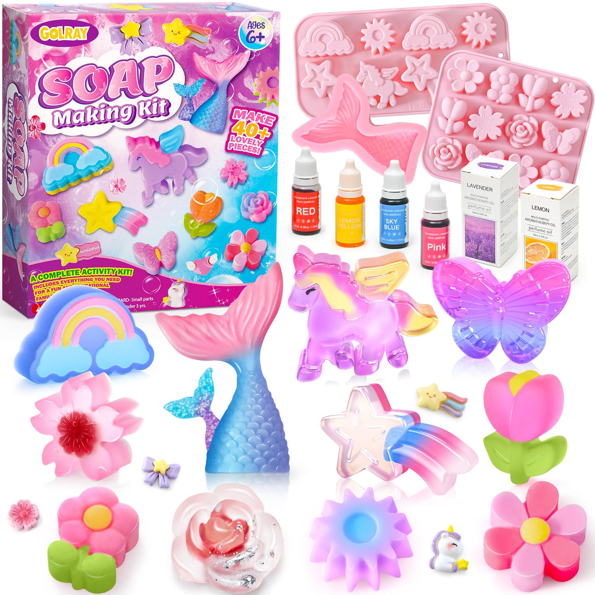 Golray Soap Making Craft Kit for Kids Girl Toys, Make 40 Pcs+ Soap Supplies with Unicorn/Mermaid/Butterfly Model, 2 Essential Oil, DIY Science Art and Craft Kit for Kid Girl Age 5-7 8-12 Year Old Gift Golray