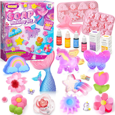 Golray Soap Making Craft Kit for Kids Girl Toys, Make 40 Pcs+ Soap Supplies with Unicorn/Mermaid/Butterfly Model, 2 Essential Oil, DIY Science Art and Craft Kit for Kid Girl Age 5-7 8-12 Year Old Gift
