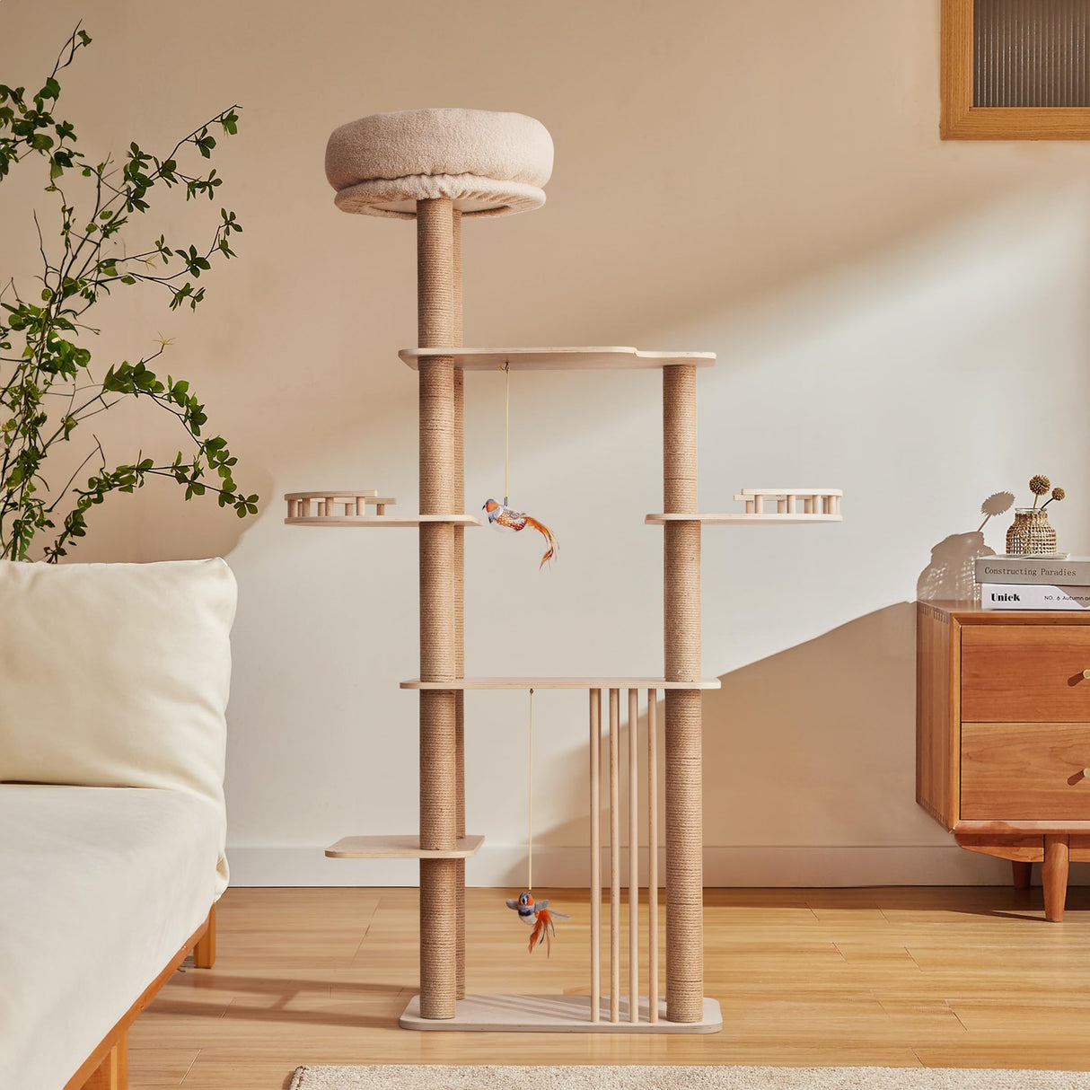 Choc chick Wood Cat Tree for Indoor Cats Large Adult, 68 Inches Tall Multi Level Cat Tower with Scratching Post Sisal-Covered, Modern Cat Tree Plush Cattery Chirping Bird Cat Toy Choc chick