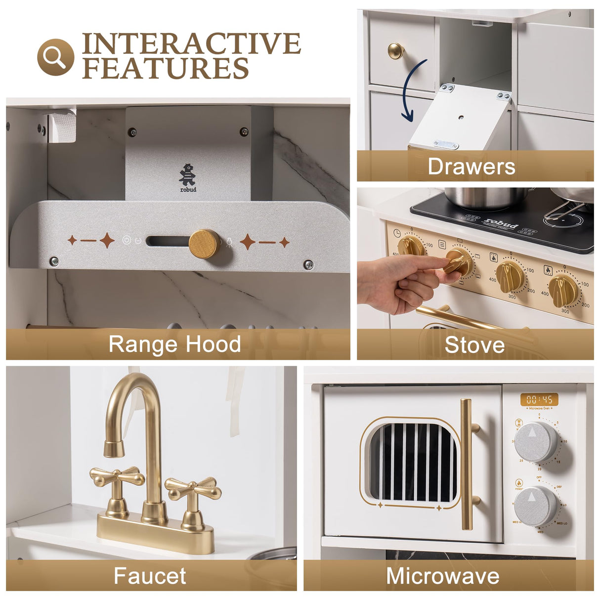 ROBUD Play Kitchen for Kids, Wooden Play Kitchen Set with Plenty of Realistic Play Features, Toy Kitchen with Ice Maker, Coffee Machine, Oven, Cabinet, Microwave, Utensils, Gift for Ages 3+, White ROBUD