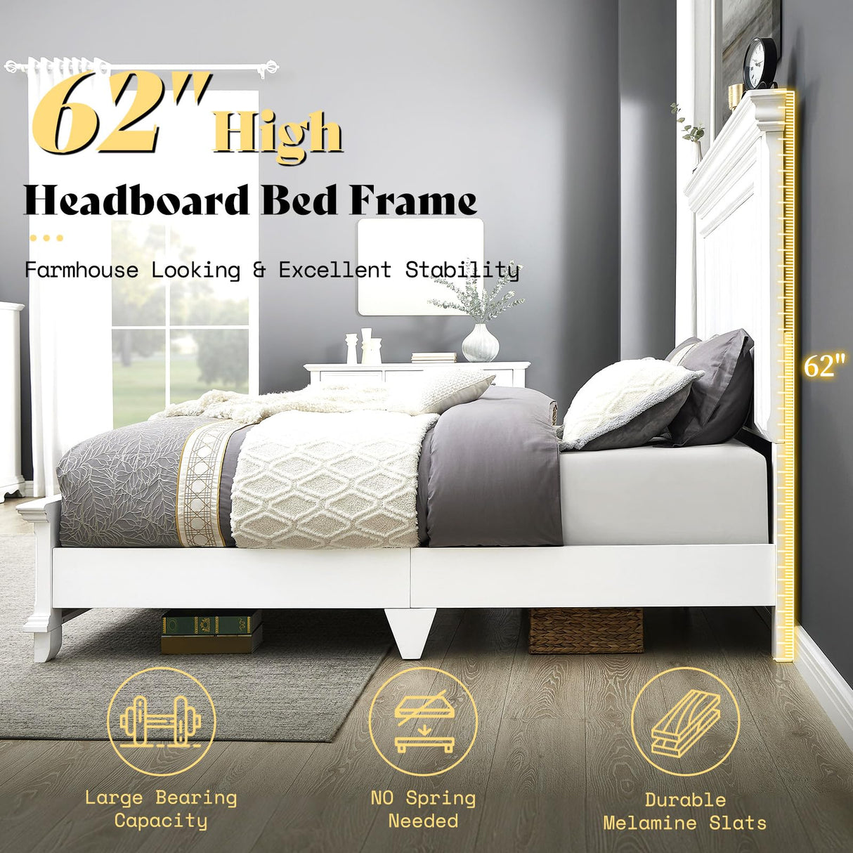 AMERLIFE Queen Size Solid Wood Platform Bed Frame, 62" Tall Farmhouse Headboard, Distressed White Finish, Noise-Reduction Design, Easy Assembly, No Box Spring Needed AMERLIFE
