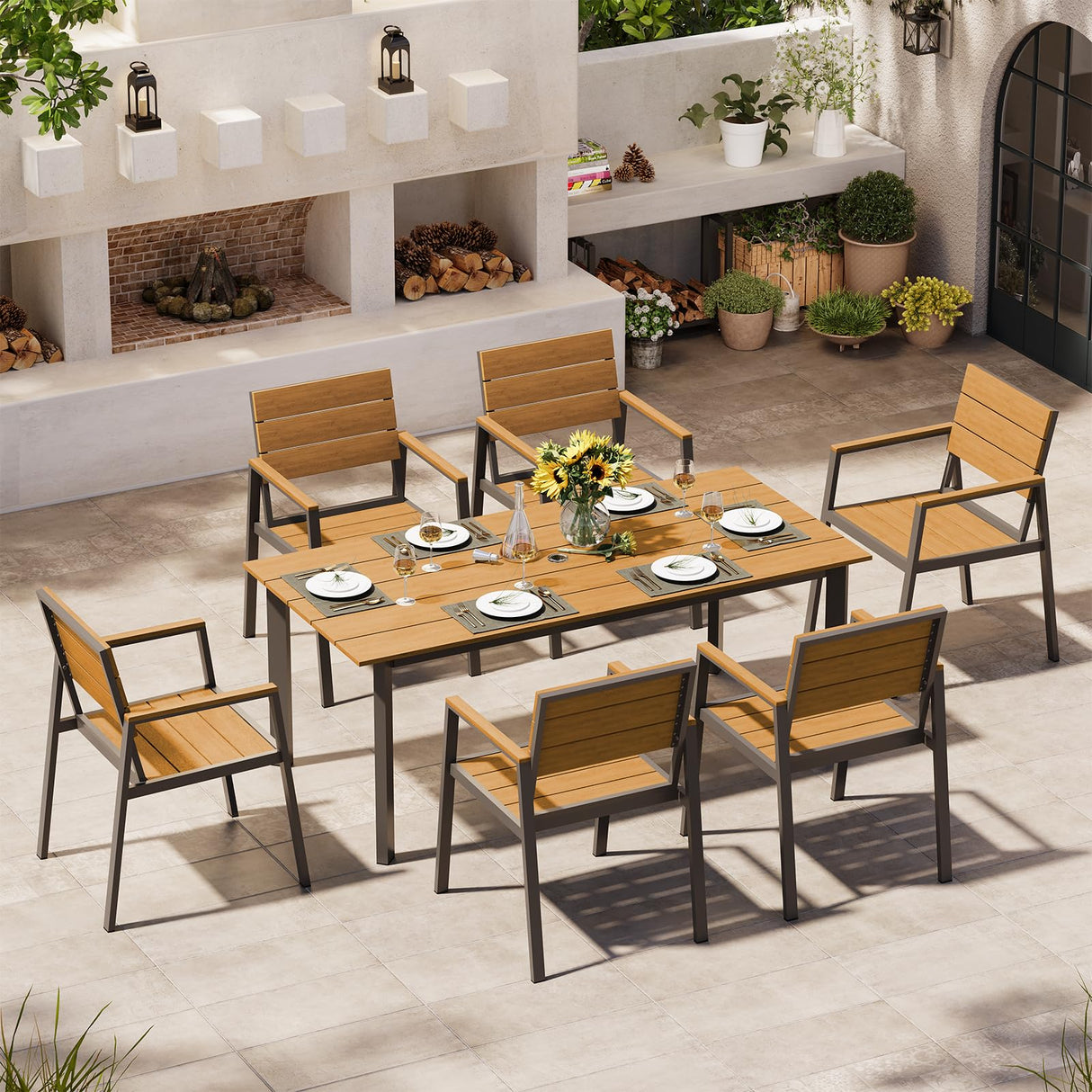 Oasbira Outdoor Dining Set for 6, Outdoor Table and Chairs Set with Umbrella Hole, Patio Dining Sets, 7 Pieces HDPS Outdoor Furniture Sets for Patio, Garden, Backyard (Gray & Teak) Oasbira