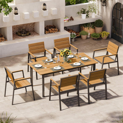Oasbira Outdoor Dining Set for 6, Outdoor Table and Chairs Set with Umbrella Hole, Patio Dining Sets, 7 Pieces HDPS Outdoor Furniture Sets for Patio, Garden, Backyard (Gray & Teak)