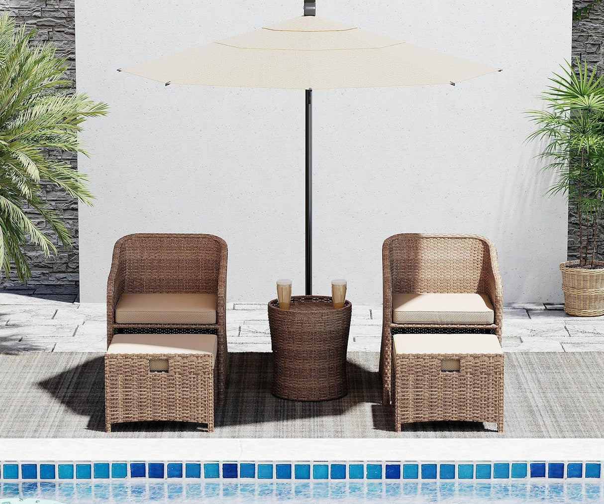 LHBcraft Outdoor Patio Wicker 5-Piece Furniture Set, No Assembly Required All-Weather Rattan Conversation Bistro & Storage Table for Garden, Porch, Balcony and Deck (Beige) LHBcraft