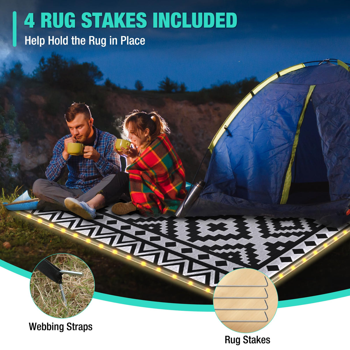 HAUSHOF 5'X8' Outdoor Rug Waterproof with LED Strip Light, Reversible Outdoor Plastic Straw Rug, Patio Rug with 4 Rug Stakes, Outdoor Carpet Mat for RV, Camping, Beach, Porch, Balcony, Black&White HAUSHOF